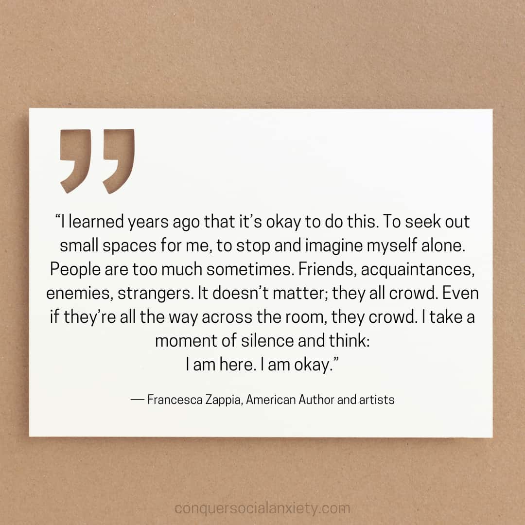 Francesca Zappia social anxiety quote: “I learned years ago that it’s okay to do this. To seek out small spaces for me, to stop and imagine myself alone. People are too much sometimes. Friends, acquaintances, enemies, strangers. It doesn’t matter; they all crowd. Even if they’re all the way across the room, they crowd. I take a moment of silence and think:
I am here. I am okay.”